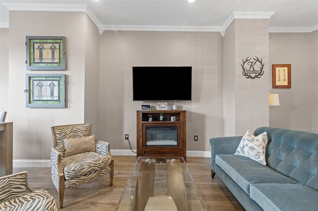 living room with wood-type flooring and crown molding