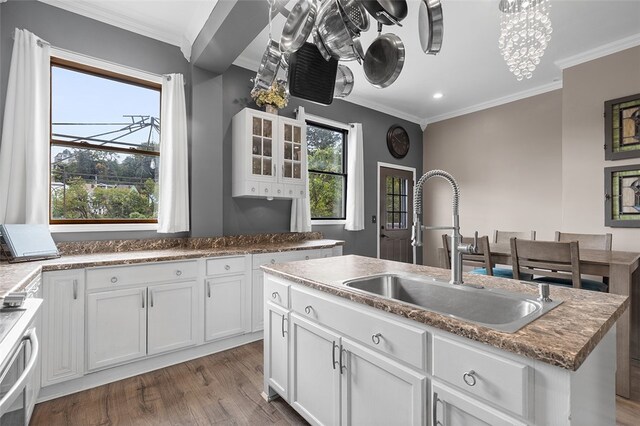 kitchen featuring crown molding, sink, hardwood / wood-style floors, white cabinets, and a kitchen island with sink