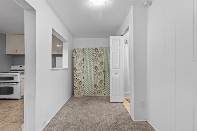 corridor with light colored carpet