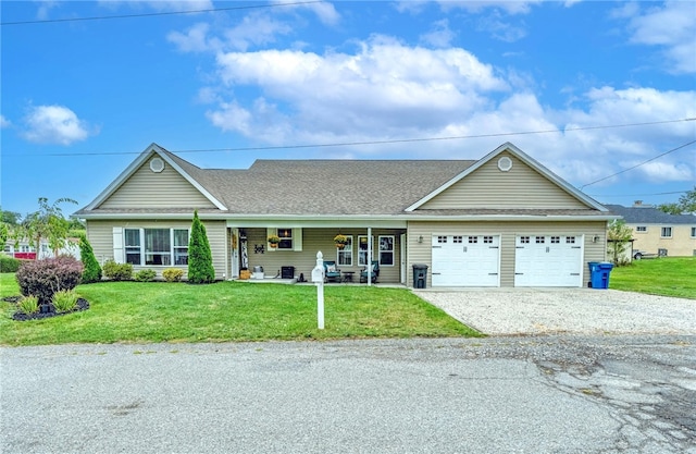 single story home with a front yard and a garage