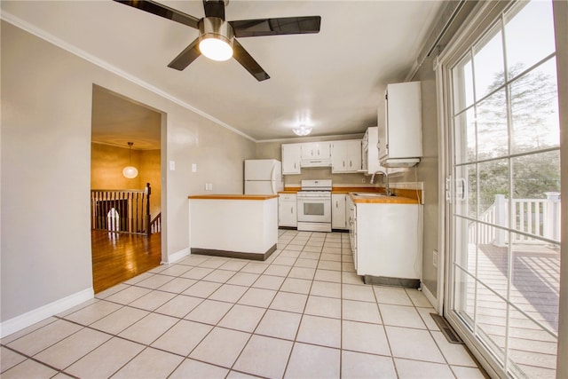 kitchen with ceiling fan, white appliances, sink, crown molding, and white cabinetry