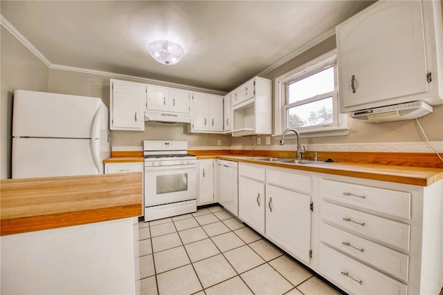 kitchen featuring white cabinets, sink, white appliances, and butcher block counters