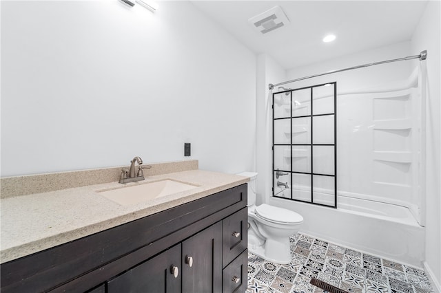 full bathroom with tile patterned flooring, vanity, bathtub / shower combination, and toilet