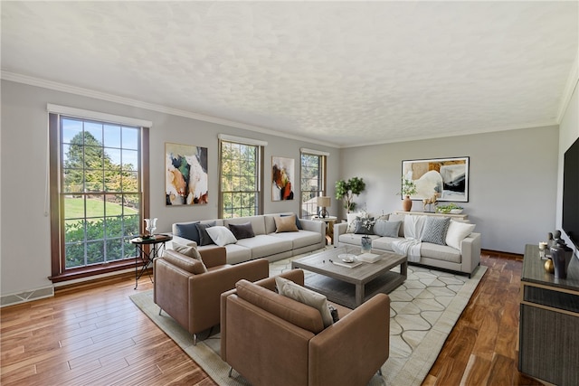 living room with a textured ceiling, light wood-type flooring, and ornamental molding