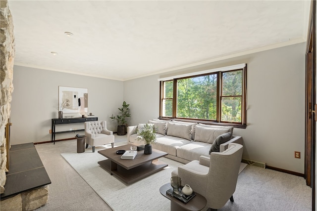 living room with light colored carpet and crown molding