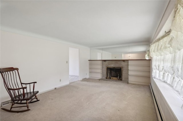 living room with light colored carpet and baseboard heating