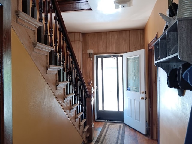 entrance foyer featuring wooden walls, plenty of natural light, and dark wood-type flooring