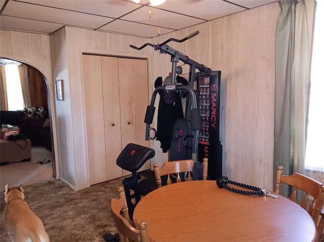 dining room featuring a drop ceiling, wood walls, and carpet flooring