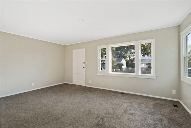 carpeted empty room featuring crown molding