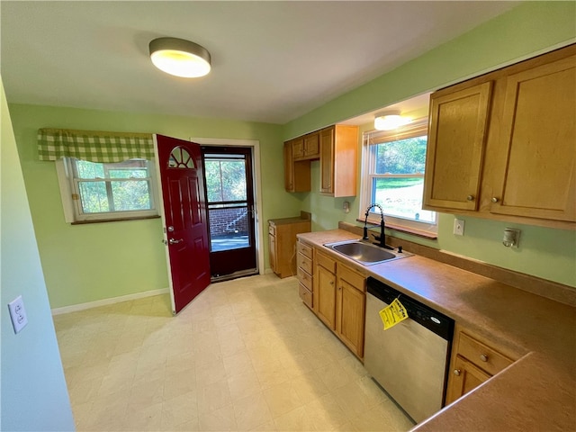 kitchen with sink, a healthy amount of sunlight, and stainless steel dishwasher