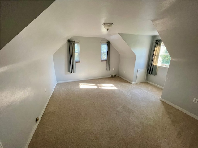 additional living space with light carpet and vaulted ceiling