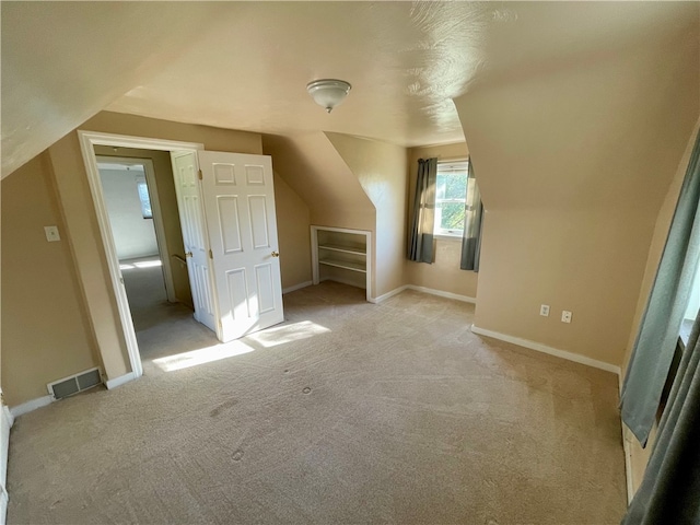 additional living space featuring light colored carpet and lofted ceiling