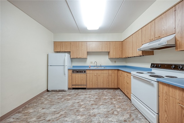 kitchen featuring light brown cabinets, sink, and white appliances