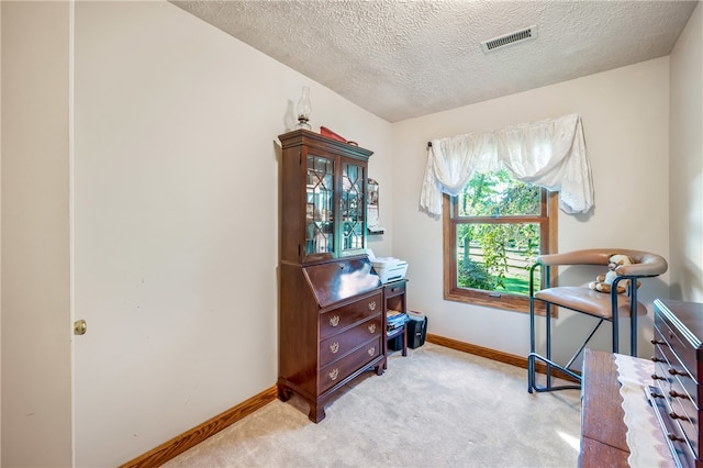 office space with light carpet and a textured ceiling