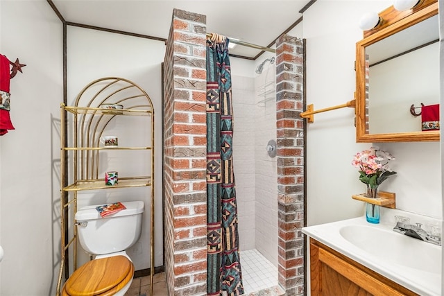 bathroom with walk in shower, vanity, toilet, and tile patterned floors