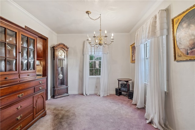 misc room with a chandelier, light carpet, and ornamental molding