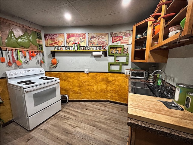 kitchen with a drop ceiling, hardwood / wood-style floors, sink, and white electric range