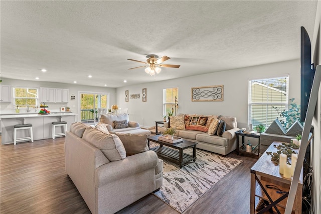 living room with dark wood-type flooring, a textured ceiling, and plenty of natural light