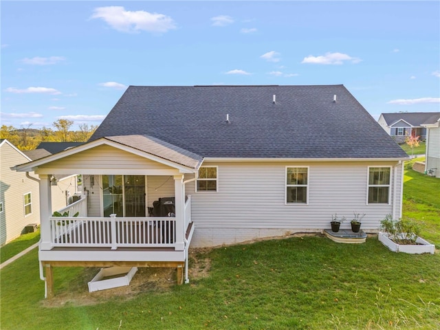 back of property with roof with shingles and a lawn