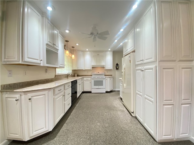 kitchen with white cabinets, ceiling fan, pendant lighting, sink, and white appliances