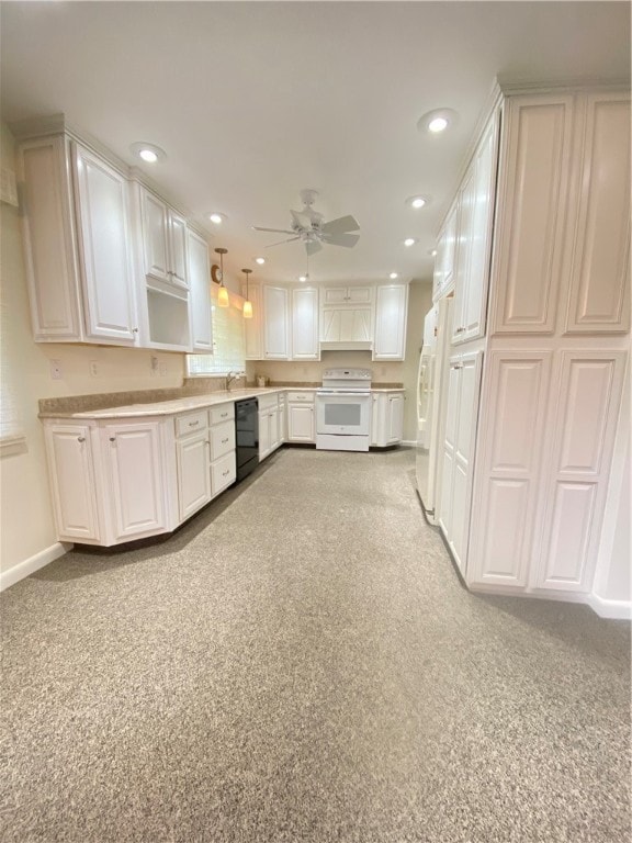 kitchen featuring white appliances, white cabinetry, ceiling fan, light carpet, and pendant lighting