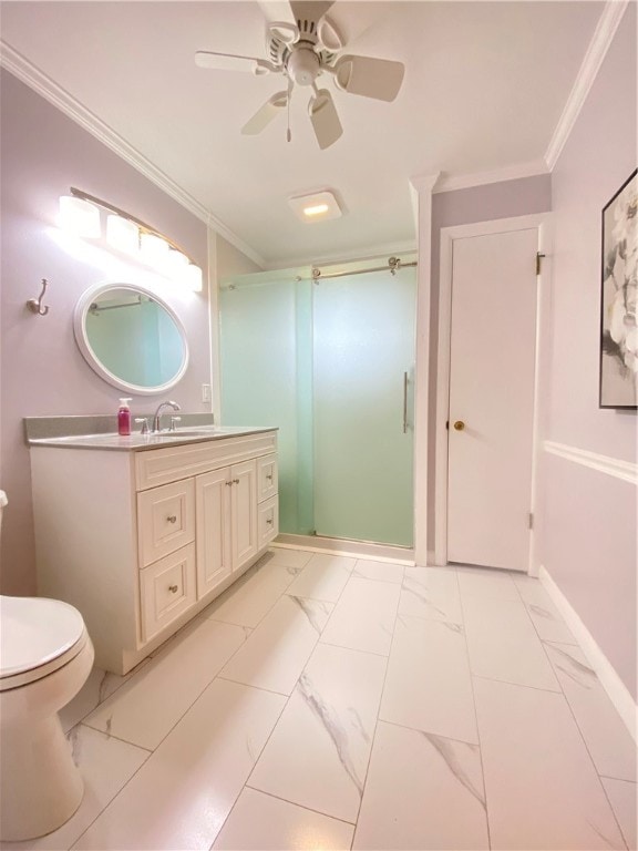 bathroom featuring toilet, ornamental molding, walk in shower, vanity, and ceiling fan