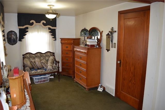 living area featuring dark colored carpet