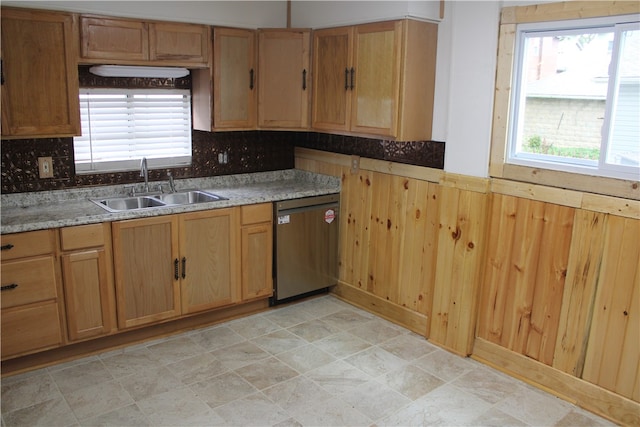 kitchen featuring dishwasher, decorative backsplash, and sink