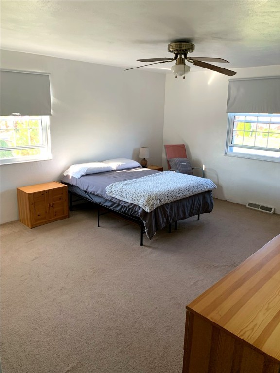 bedroom featuring ceiling fan, light carpet, and multiple windows