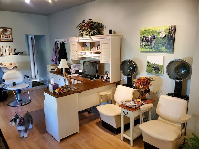 home office with light hardwood / wood-style flooring