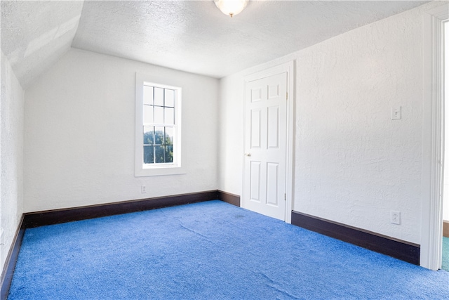 additional living space with lofted ceiling, a textured ceiling, and carpet flooring