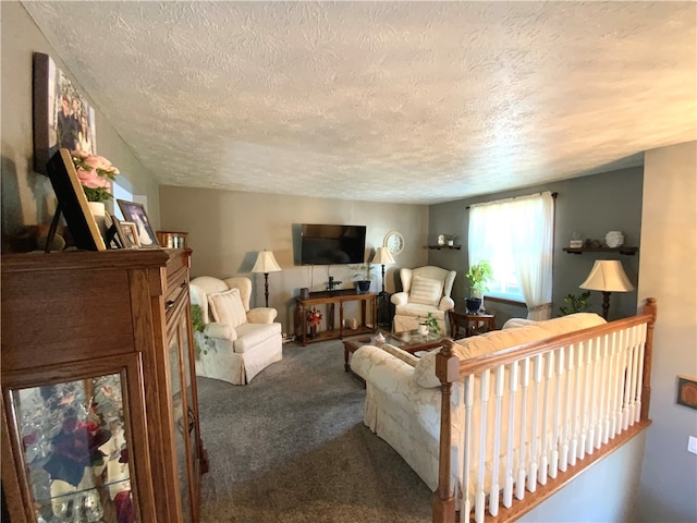 carpeted living room with a textured ceiling