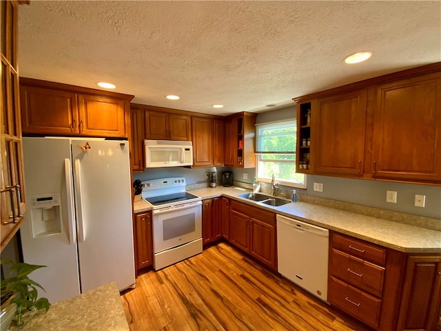 kitchen with a textured ceiling, light hardwood / wood-style floors, sink, and white appliances