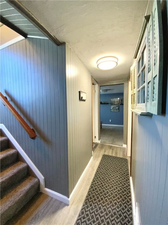 hallway featuring wood-type flooring and wooden walls