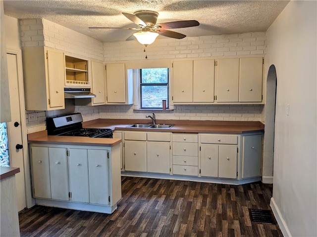 kitchen featuring electric range, dark hardwood / wood-style flooring, a textured ceiling, and sink