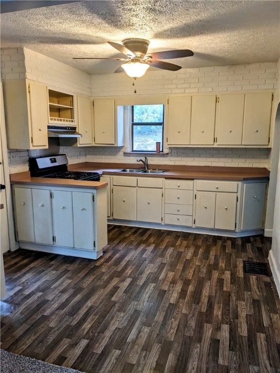 kitchen featuring dark hardwood / wood-style floors, black electric range oven, sink, and ceiling fan