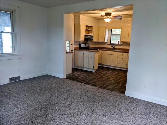 kitchen featuring ceiling fan, black stove, dark hardwood / wood-style flooring, sink, and decorative backsplash