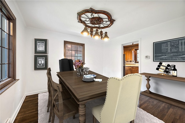 dining room featuring dark hardwood / wood-style floors and crown molding