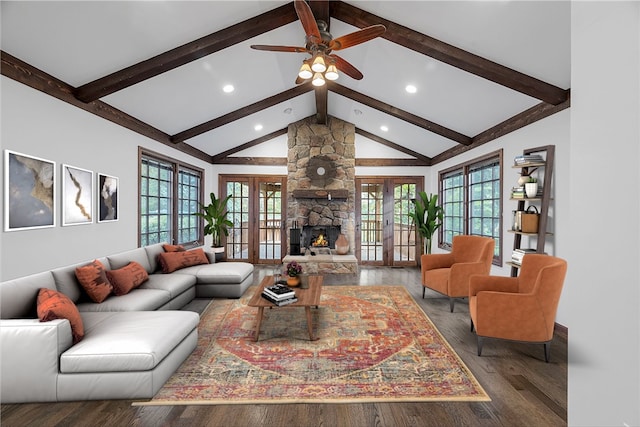 living room featuring french doors, beam ceiling, hardwood / wood-style floors, and a wealth of natural light