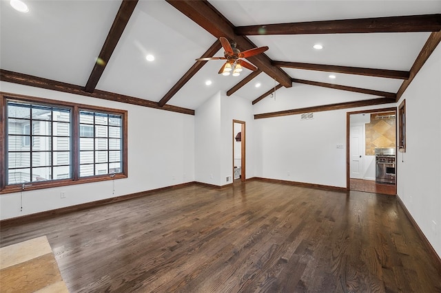 unfurnished living room featuring ceiling fan, vaulted ceiling with beams, and dark hardwood / wood-style floors