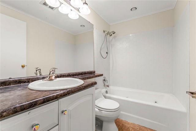 full bathroom with vanity, toilet, ornamental molding, shower / tub combination, and tile patterned flooring