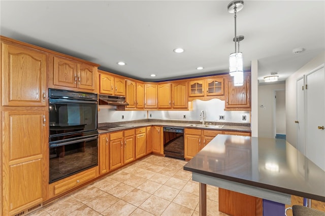 kitchen with light tile patterned floors, pendant lighting, sink, and black appliances