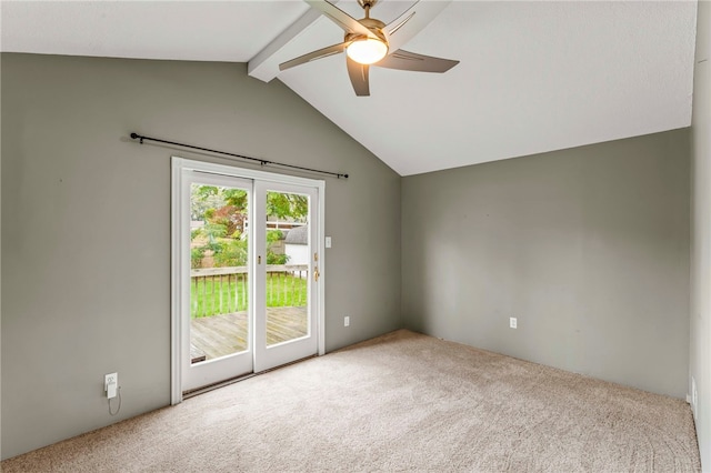 spare room featuring light carpet, lofted ceiling with beams, and ceiling fan