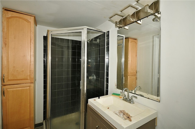 bathroom featuring vanity and a shower with door