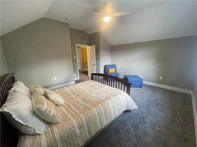 carpeted bedroom with ceiling fan and lofted ceiling