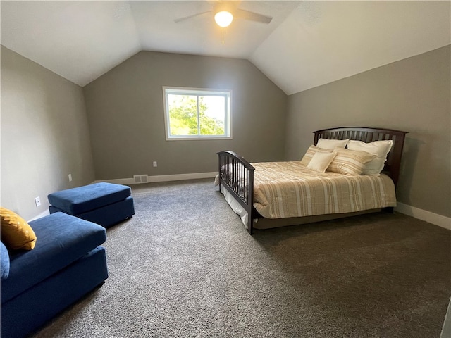 bedroom with lofted ceiling, carpet, and ceiling fan