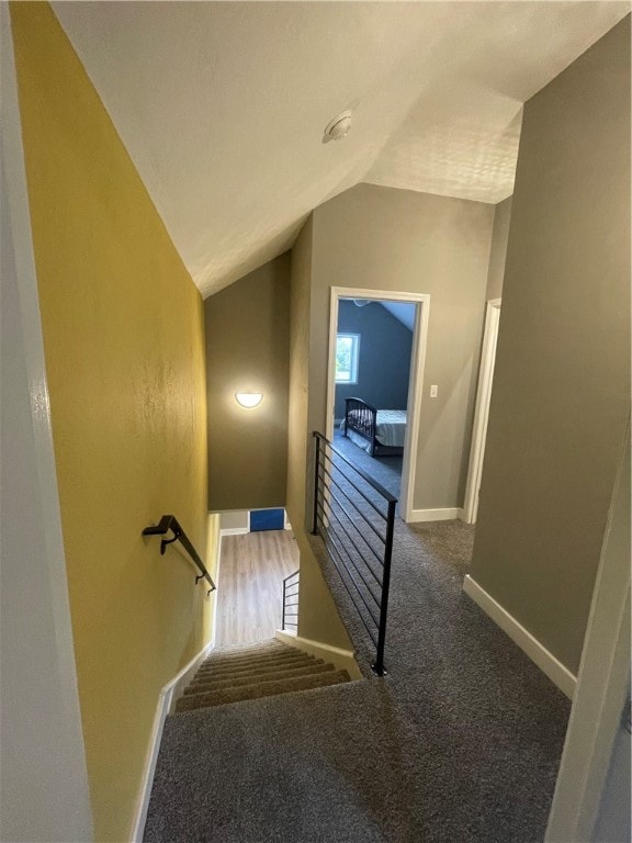 stairs featuring vaulted ceiling and carpet flooring