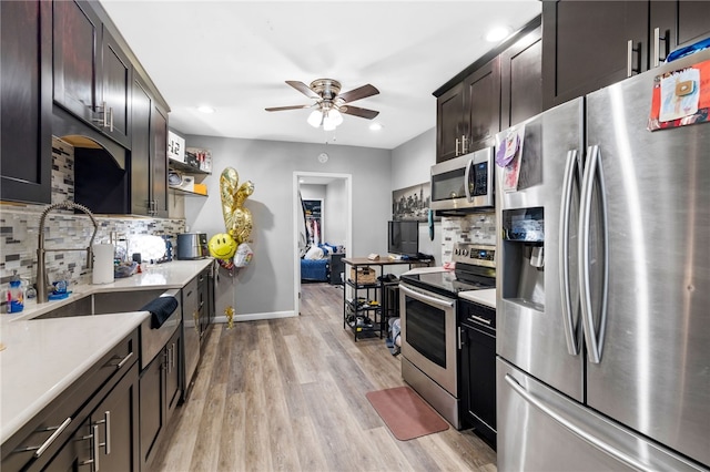 kitchen with light wood-type flooring, ceiling fan, dark brown cabinetry, backsplash, and appliances with stainless steel finishes