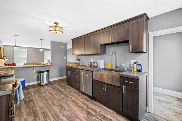 kitchen featuring dark brown cabinets, dishwasher, sink, and dark hardwood / wood-style flooring