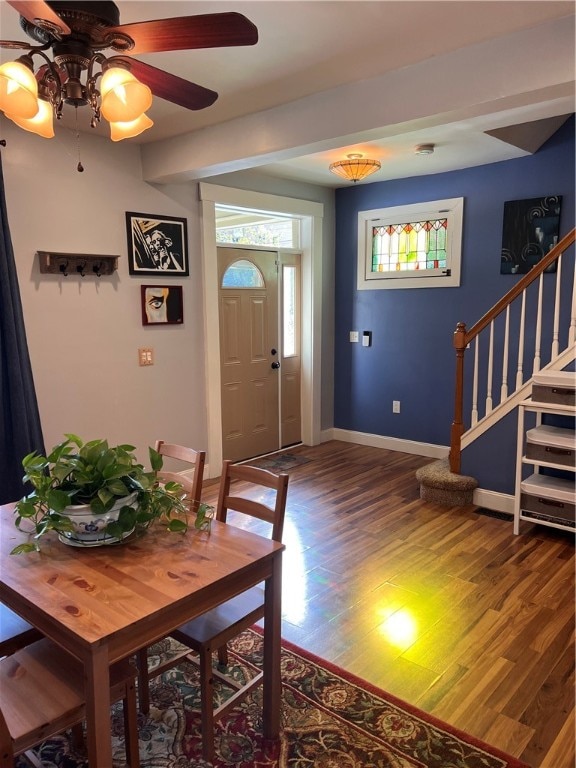 foyer entrance featuring ceiling fan and dark hardwood / wood-style flooring